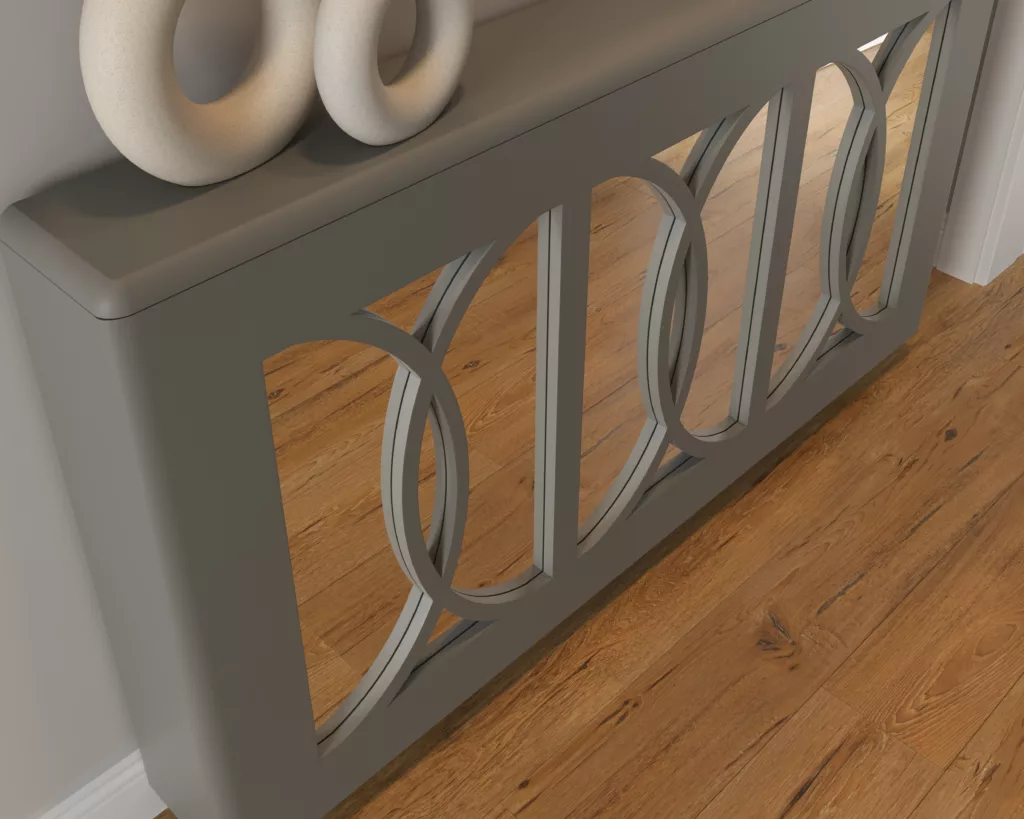 a modern grey radiator cabinet with mirrored front panel.