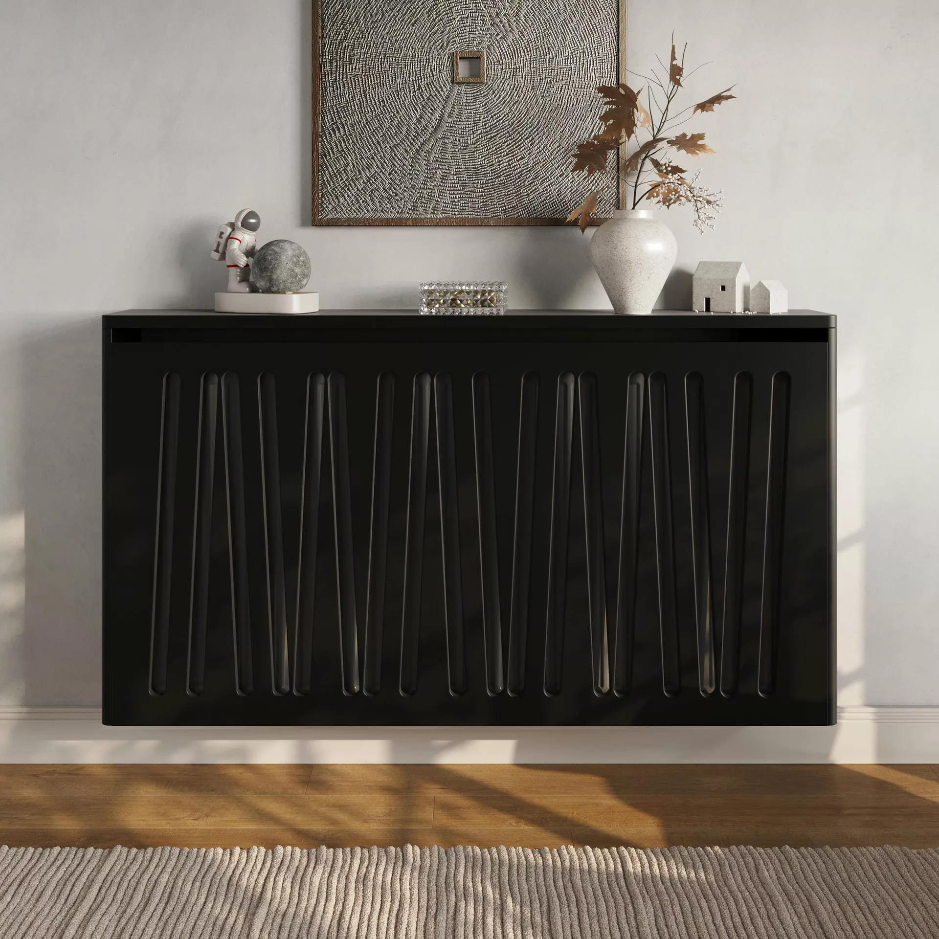 Angled Slats Floating Radiator Cabinet in Black RAL 9005 - Standard Topper