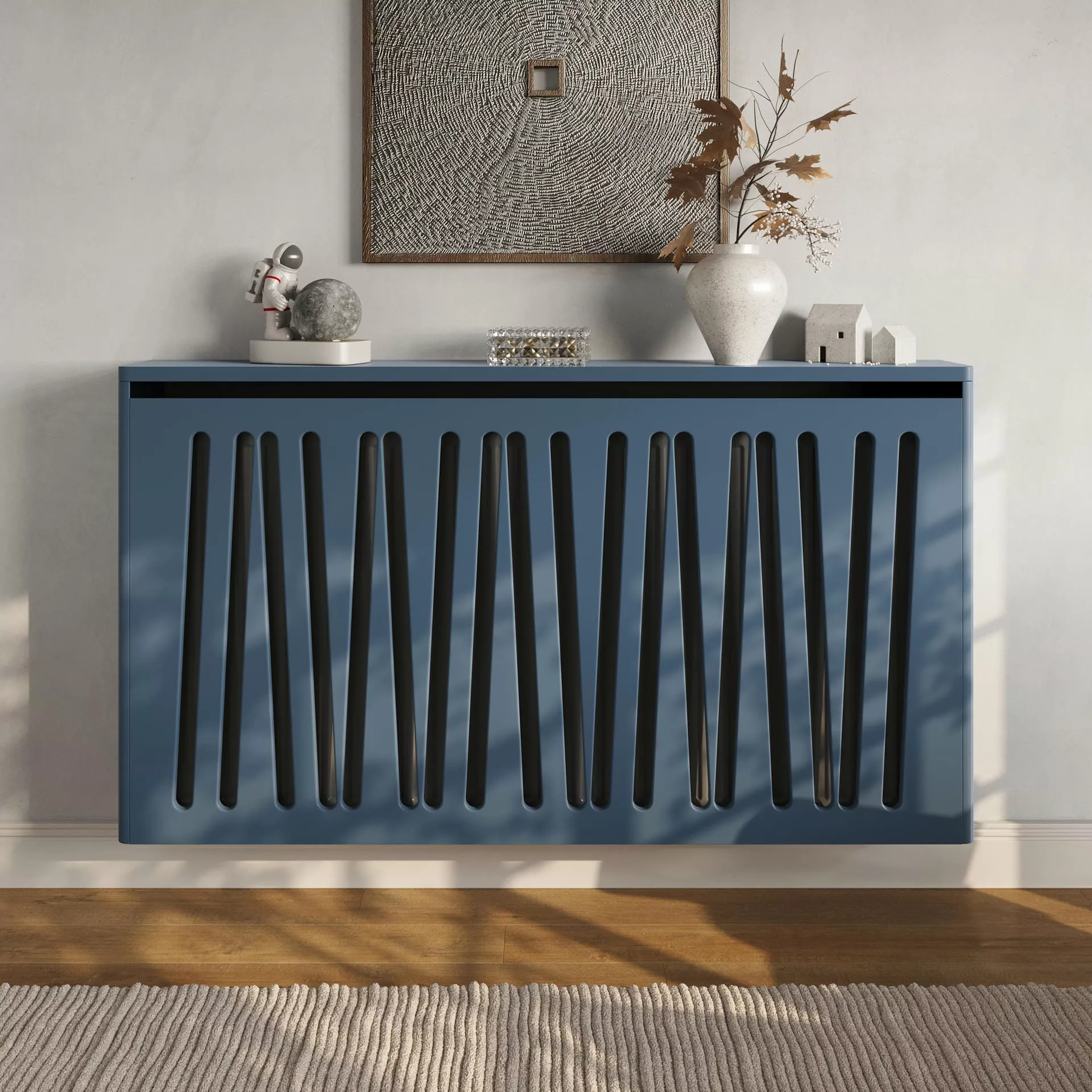 Angled Slats Floating Radiator Cabinet in F&B Stiffkey Blue - Standard Topper