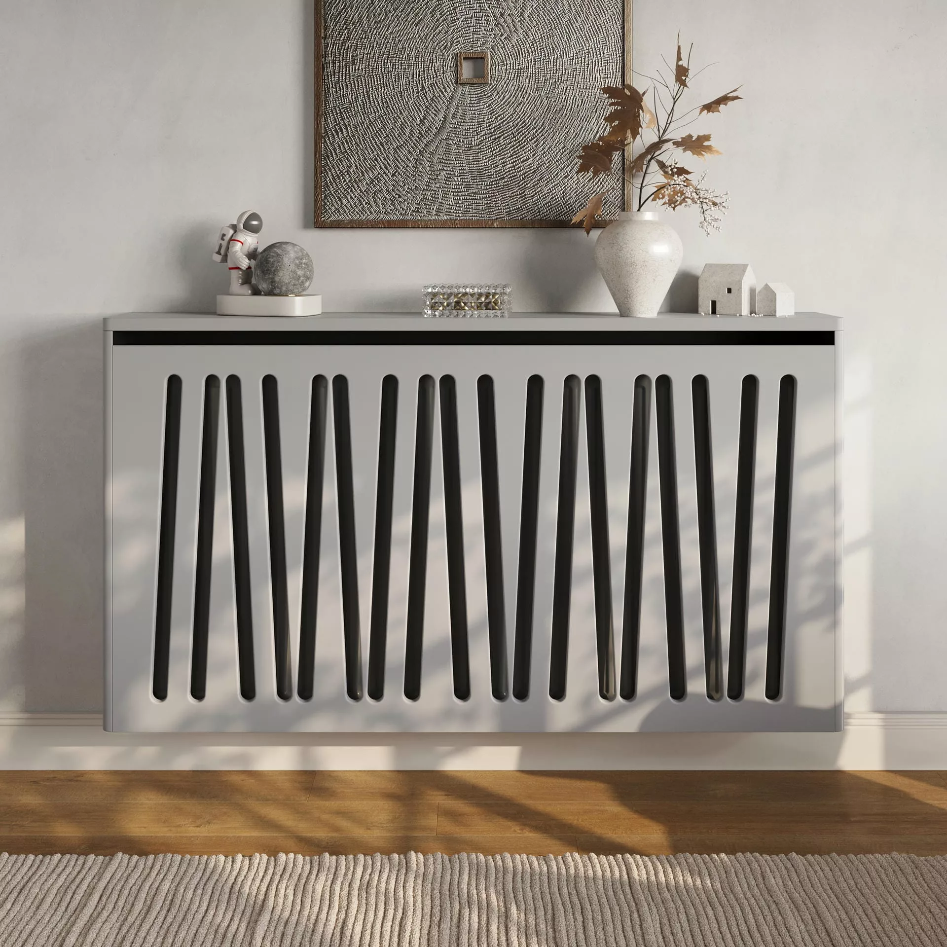 Angled Slats Floating Radiator Cabinet in Mid-Grey - Standard Topper
