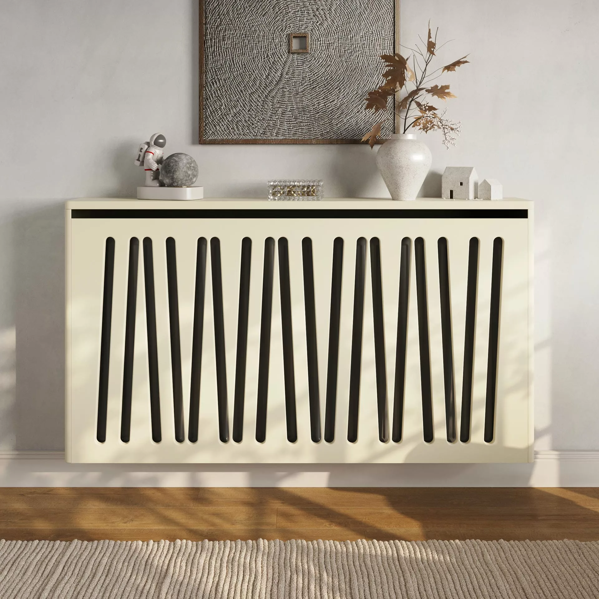 Angled Slats Floating Radiator Cabinet in Pale Cream - Standard Topper
