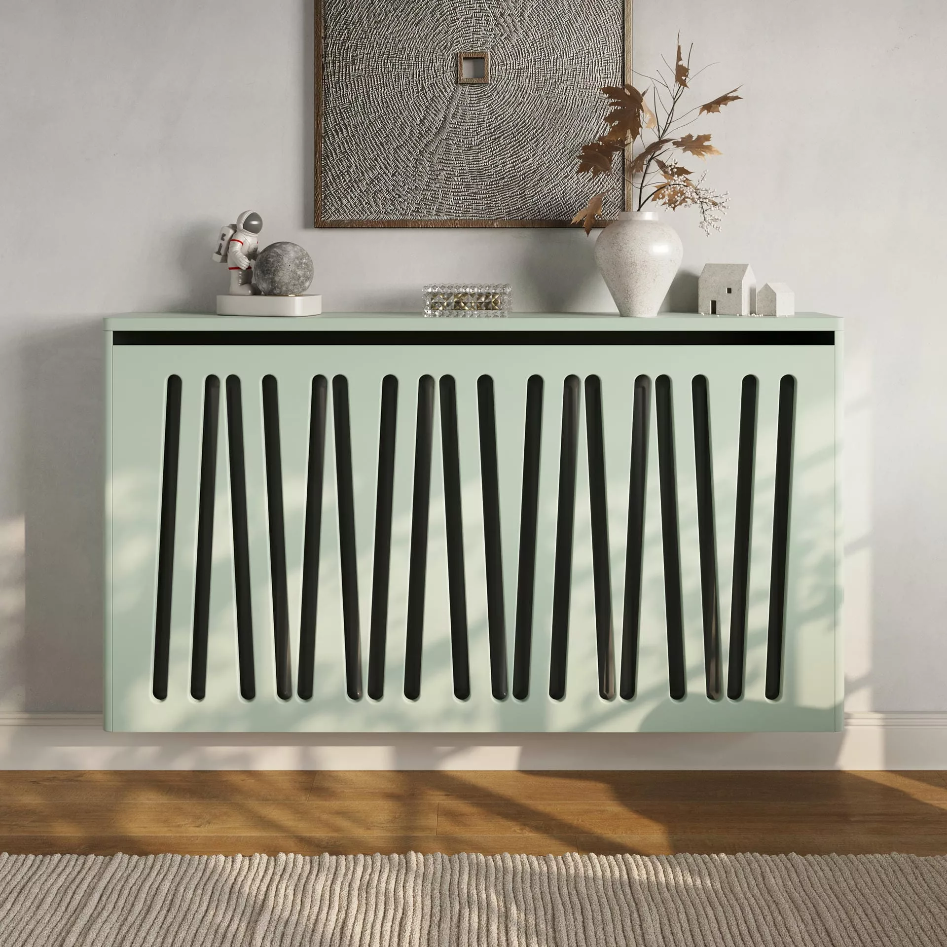 Angled Slats Floating Radiator Cabinet in Pale Green - Standard Topper