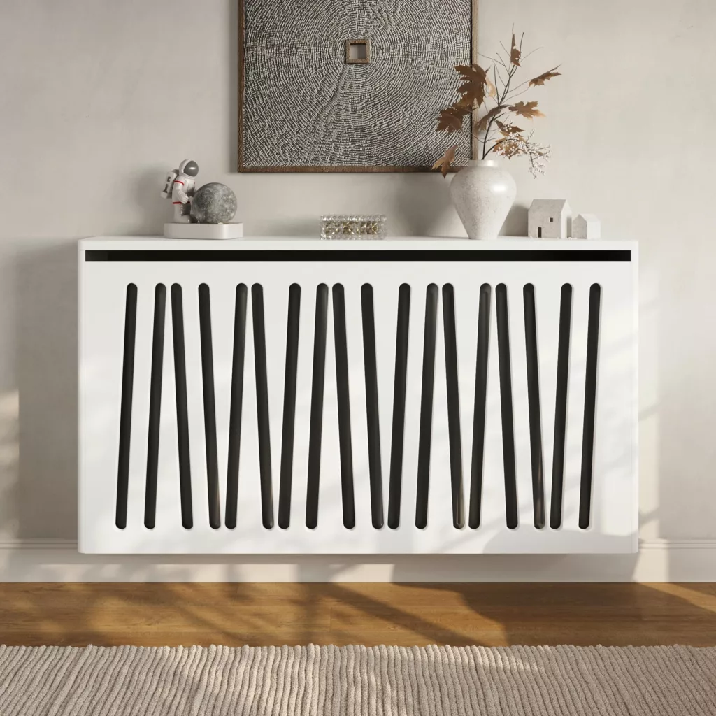 Angled Slats Floating Radiator Cabinet in Soft White - Standard Topper