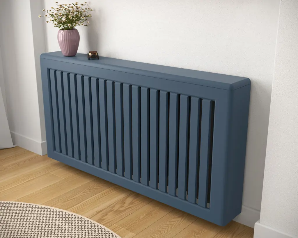 Flush Slats Clip-on Cover in Stiffkey Blue with floral pot on the top and wooden floor