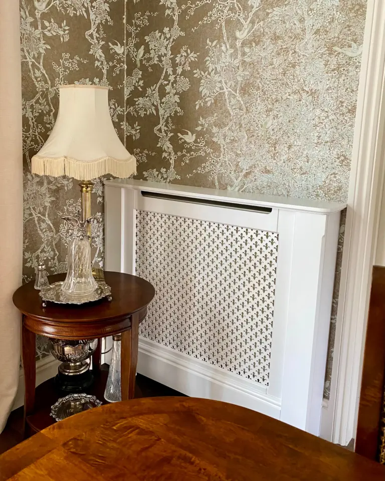 Fleur de Lis Radiator Cabinet in Luxury Housing/Surround Satin White