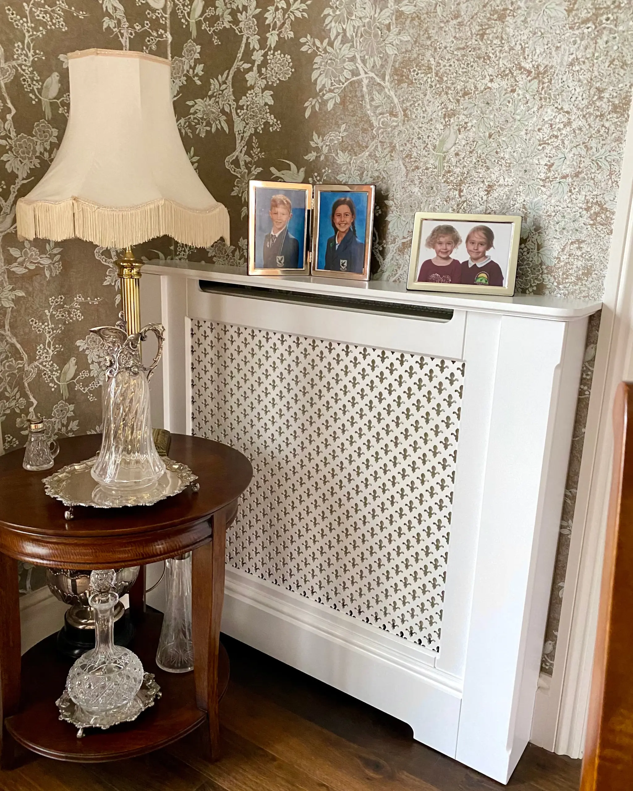 Fleur de Lis Radiator Cabinet in Luxury Housing/Surround Satin White