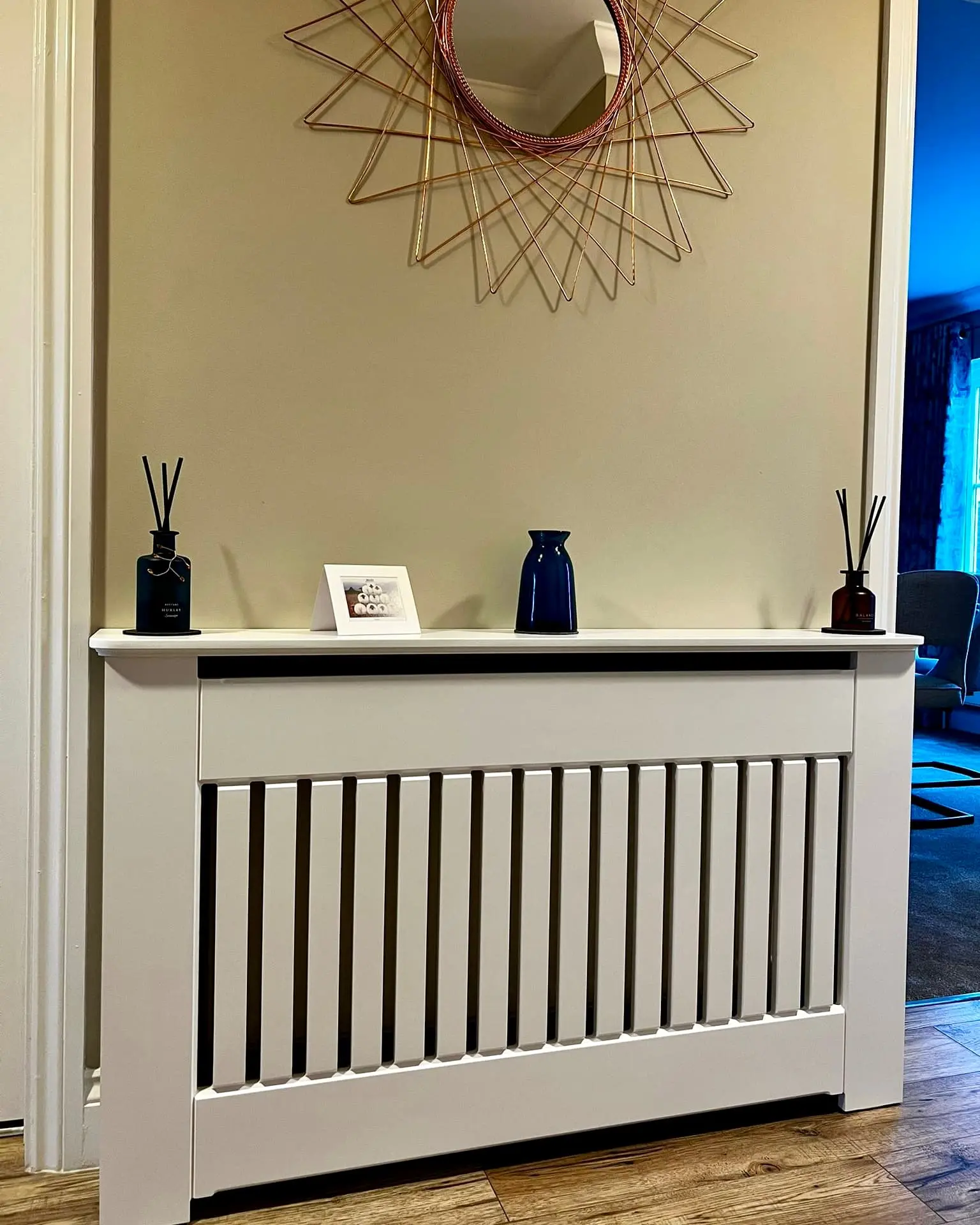 shaker-slats_classic_radiator-cabinet_traditional_soft-white in hallway
